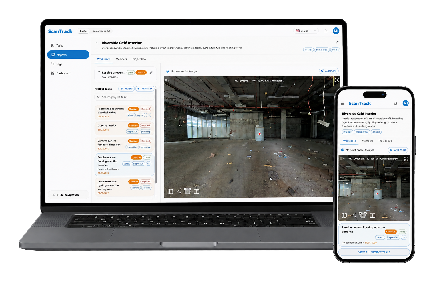 ScanTrack location-based task interface shown on a laptop and smartphone