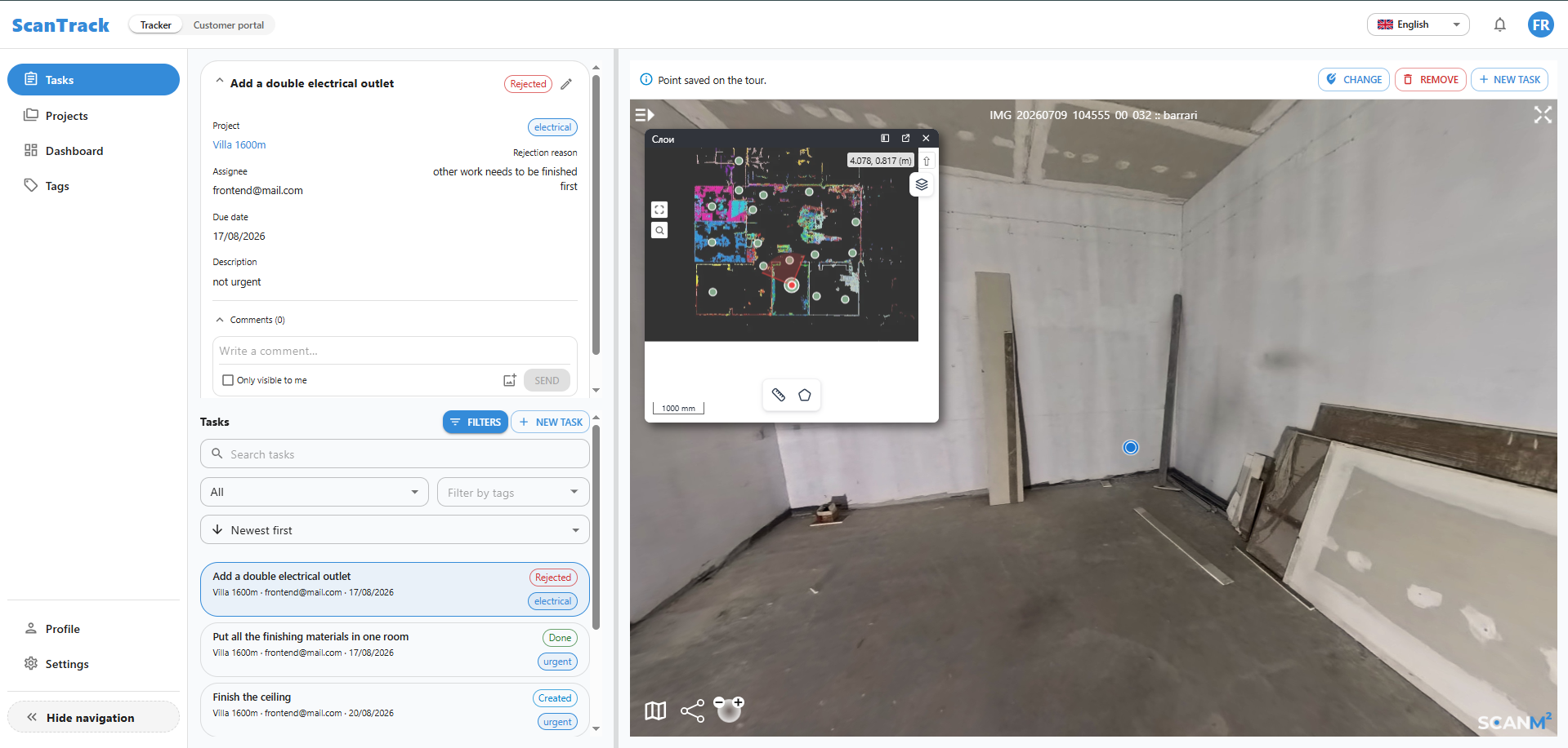 Electrical outlet installation task linked to an exact location inside a ScanTrack 3D tour