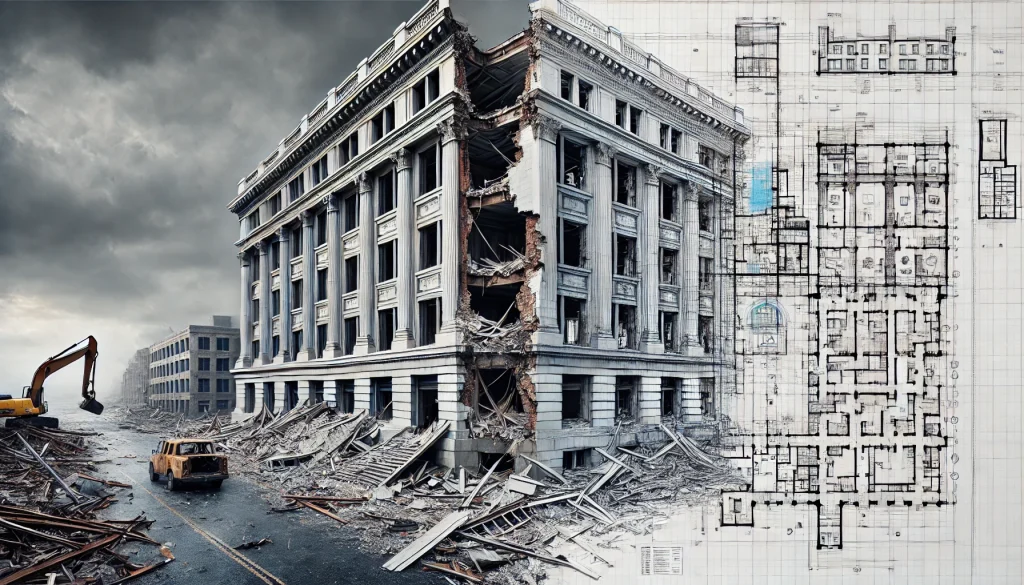 3D laser scanning being used to assess structural damage in a building after a natural disaster, providing accurate data for restoration and reconstruction planning