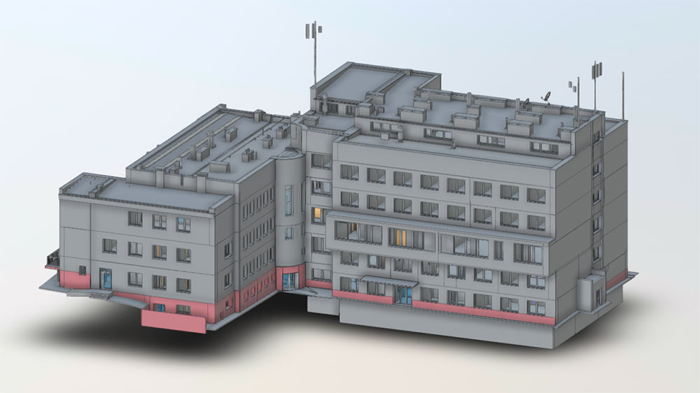 Skanowanie 3D szpitala w Katowicach, dokładna inwentaryzacja powykonawcza i laserowy pomiar budynku do stworzenia modelu BIM.