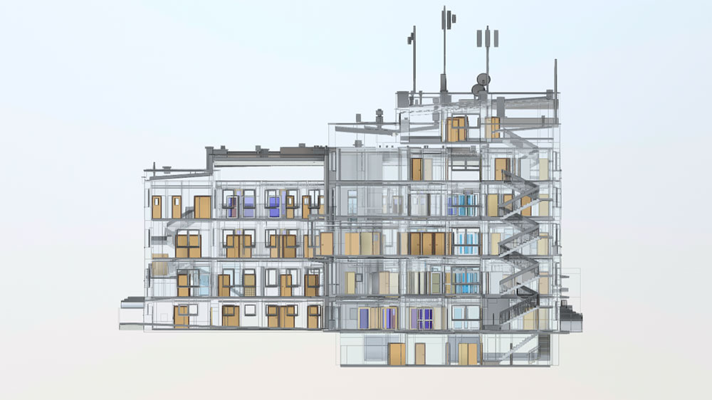 3D-Scannen eines Krankenhauses, Laservermessung zur Erstellung präziser Bestandspläne und eines BIM-Modells für die Renovierungsplanung.