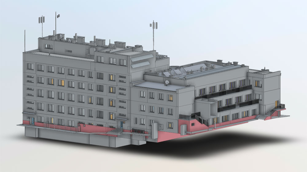 Skanowanie 3D szpitala w Katowicach, dokładna inwentaryzacja powykonawcza i laserowy pomiar budynku do stworzenia modelu BIM.