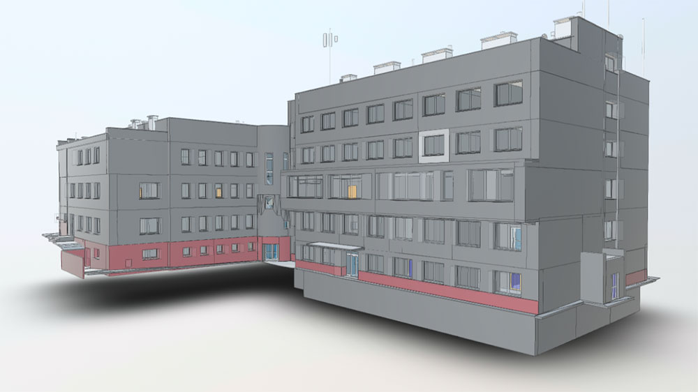 3D-Scannen eines Krankenhauses, Laservermessung zur Erstellung präziser Bestandspläne und eines BIM-Modells für die Renovierungsplanung.