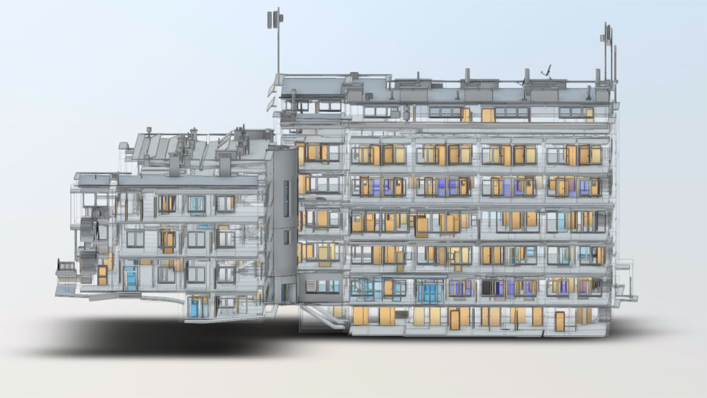 3D-Scannen eines Krankenhauses, Laservermessung zur Erstellung präziser Bestandspläne und eines BIM-Modells für die Renovierungsplanung.