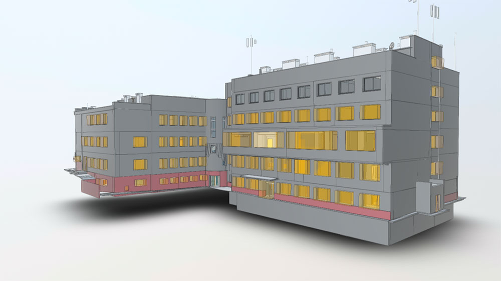 3D scanning hospital project showcasing comprehensive building modeling and laser survey for renovation planning.