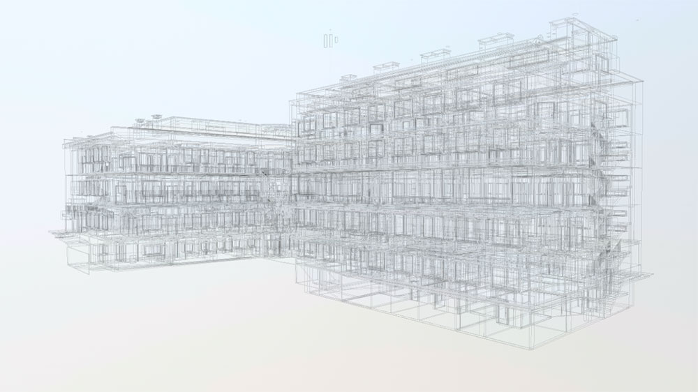 3D-Scannen eines Krankenhauses, Laservermessung zur Erstellung präziser Bestandspläne und eines BIM-Modells für die Renovierungsplanung.