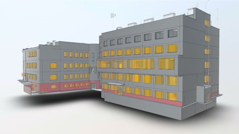 3D-Scannen eines Krankenhauses, Laservermessung zur Erstellung präziser Bestandspläne und eines BIM-Modells für die Renovierungsplanung.