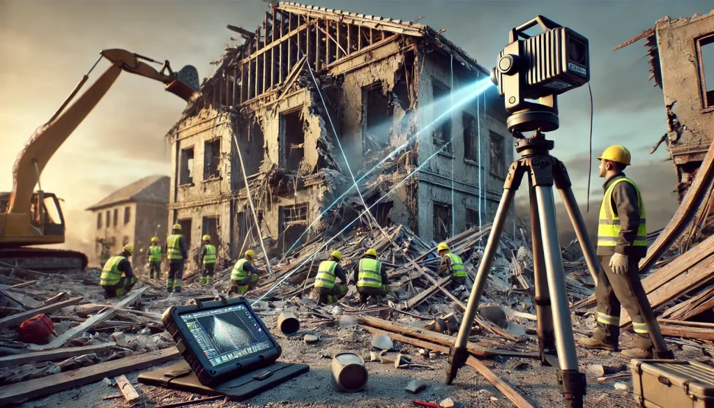 3D laser scanning being used to assess structural damage in a building after a natural disaster, providing accurate data for restoration and reconstruction planning.