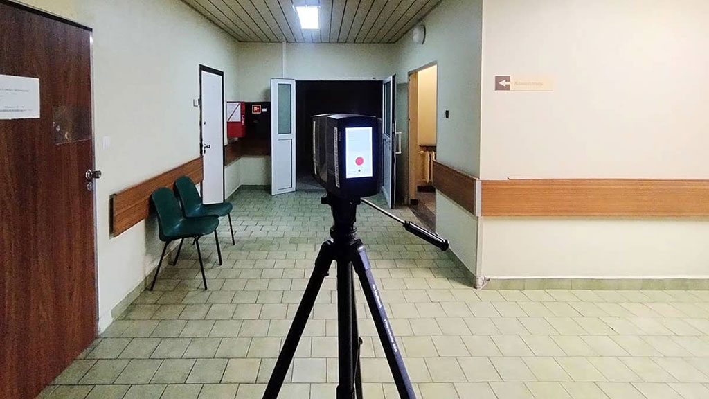 Laser 3D scanning equipment in use for building inspection and BIM documentation.