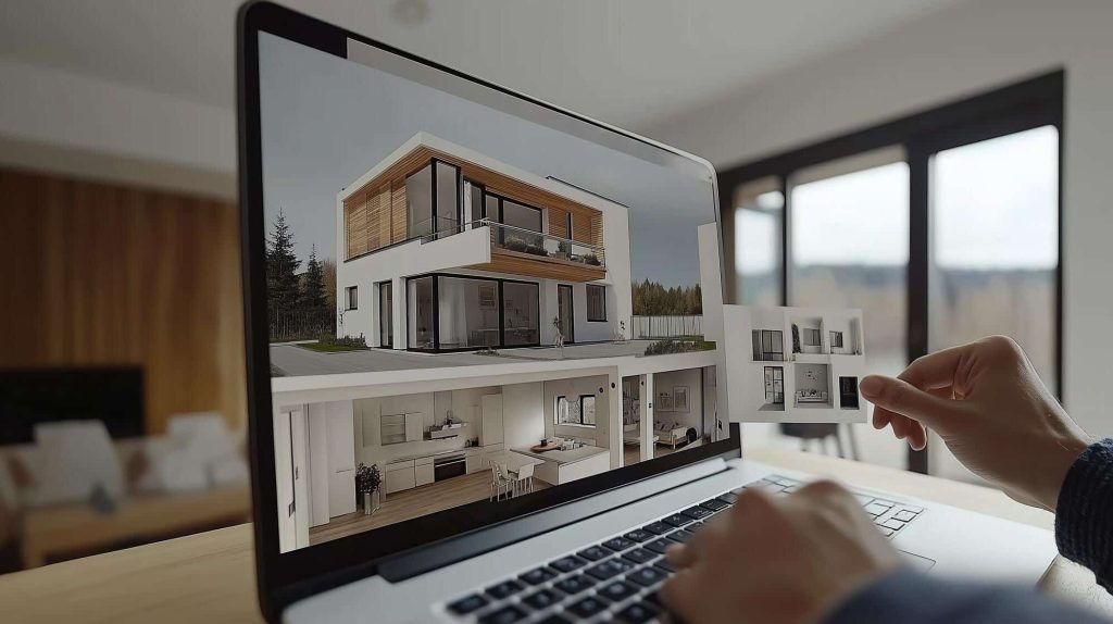 A laptop displaying a 3D model of a modern two-story house with interior details.