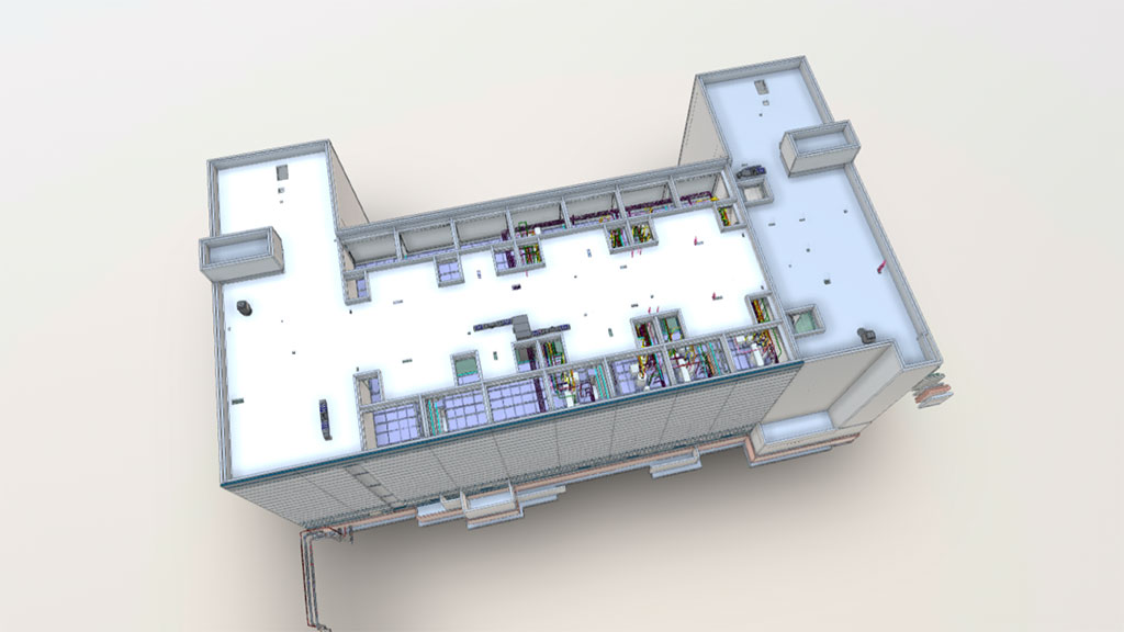 3D laser scanning and BIM modeling of a pharmaceutical plant for high-precision facility documentation and FDA compliance.