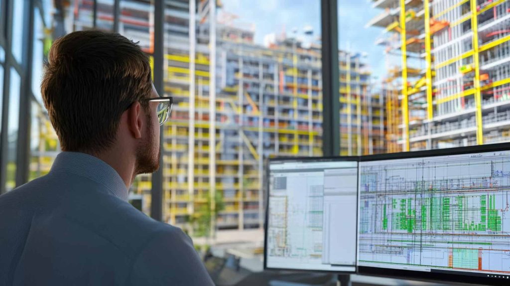 Engineer using BIM tools with a construction site in the background, highlighting streamlined project management.