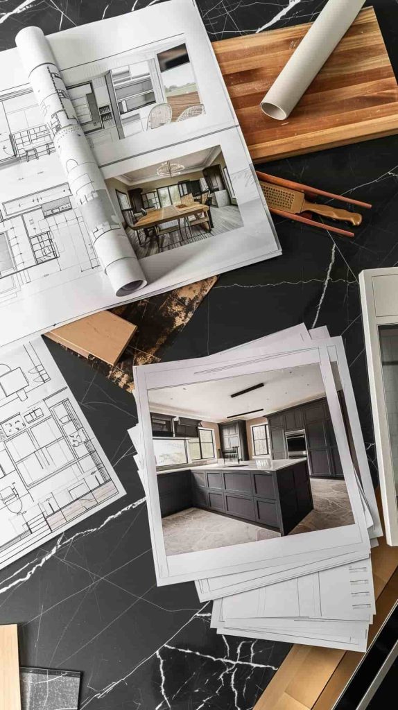 Blueprints and interior photos on a black marble surface, featuring floor plans and a modern kitchen design. Rolled papers and wood accents complete the scene