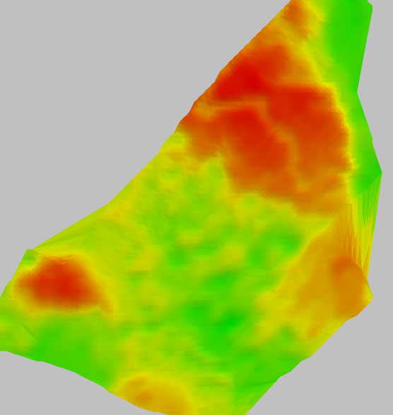 Aerial view of a large 247-acre landscape mapped with LiDAR drone scanning technology for resort planning, showing detailed elevation changes, tree density, and lake proximity for optimal cabin placement.