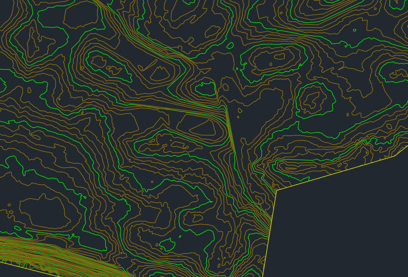 Aerial view of a large 247-acre landscape mapped with LiDAR drone scanning technology for resort planning, showing detailed elevation changes, tree density, and lake proximity for optimal cabin placement.