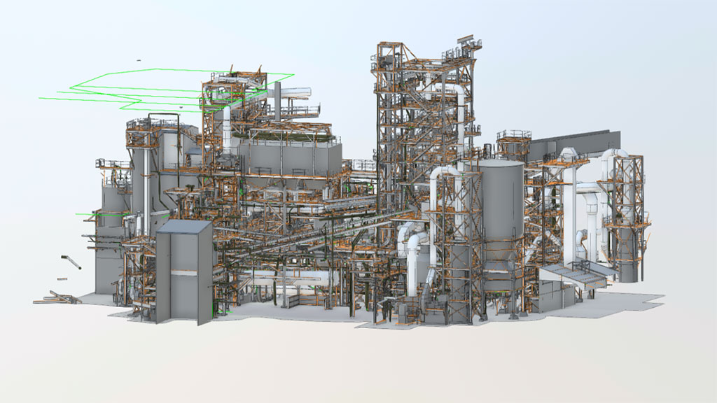 Detailed 3D model of an oil refinery created through laser scanning by ScanM2.