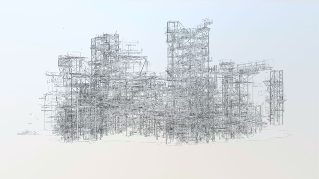 Detailed 3D model of an oil refinery created through laser scanning by ScanM2.