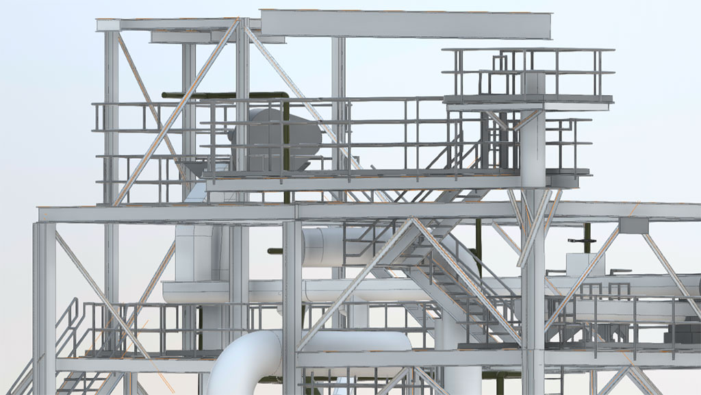 Detailed 3D model of an oil refinery created through laser scanning by ScanM2.