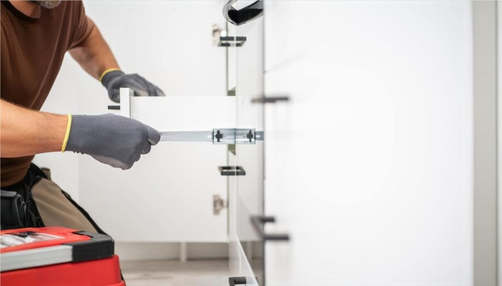 Installing a custom drawer system with precision hardware for As-Built furniture design.