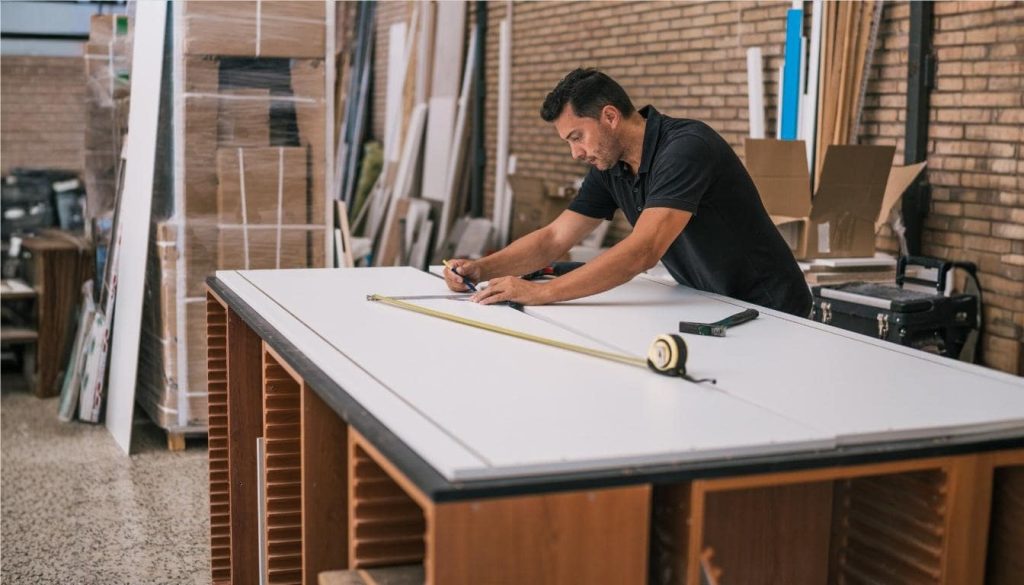 Craftsman measuring and marking materials for custom furniture manufacturing based on As-Built plans.