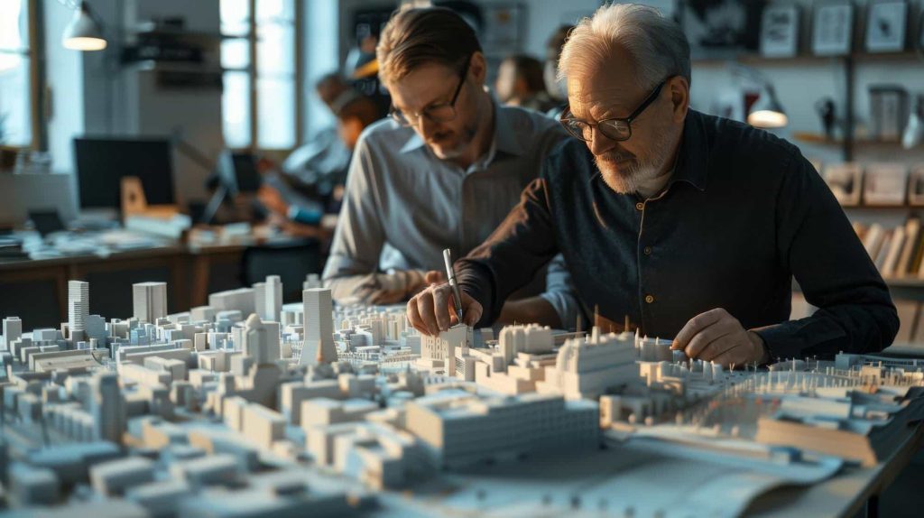 Two professionals work on a city model, showcasing LiDAR mapping and 3D laser scanning for precise planning and point cloud data.