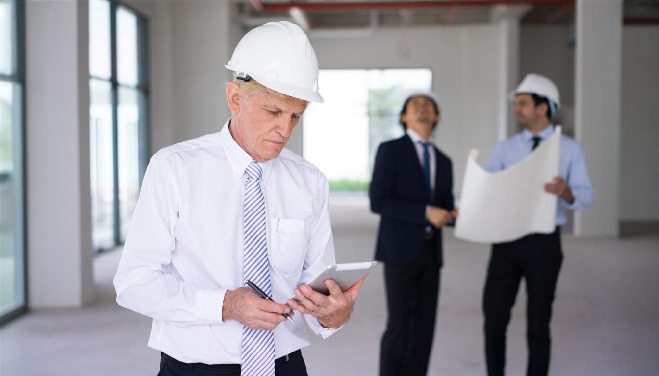 A site manager evaluating measurements digitally, illustrating the shift from traditional methods to 3D scanning technology.