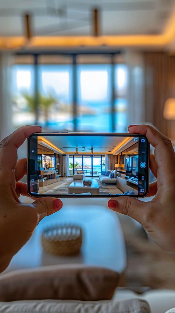 Phone capturing a 3D living room model with ocean view.