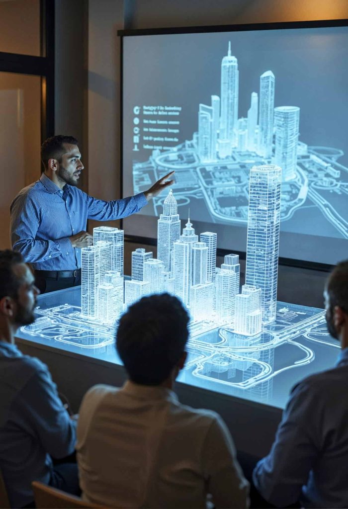 3D-Stadtmodell mit Sprecher, der auf die Projektion zeigt.