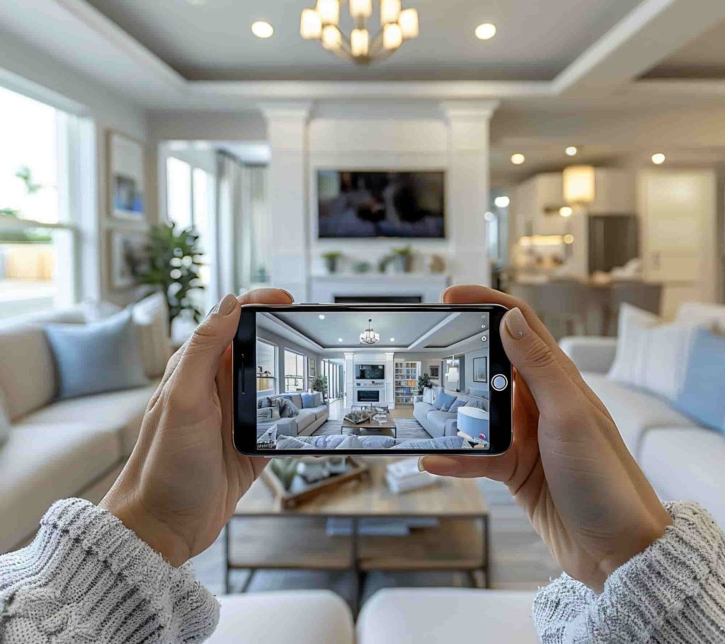 Photorealistic 3D rendering of a modern living room with laser scanning accuracy.