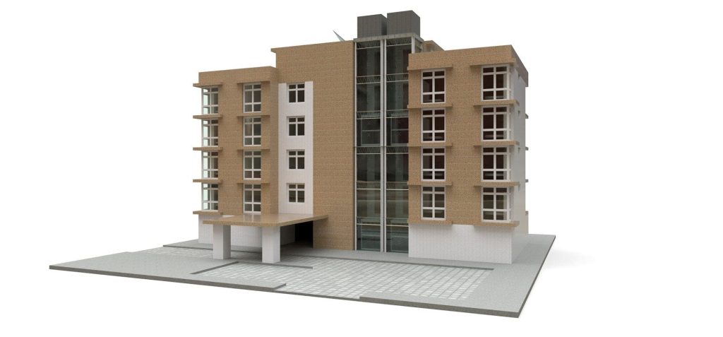 3D model of a modern building created using laser scanning technology, showcasing precision and detail for structural assessments.