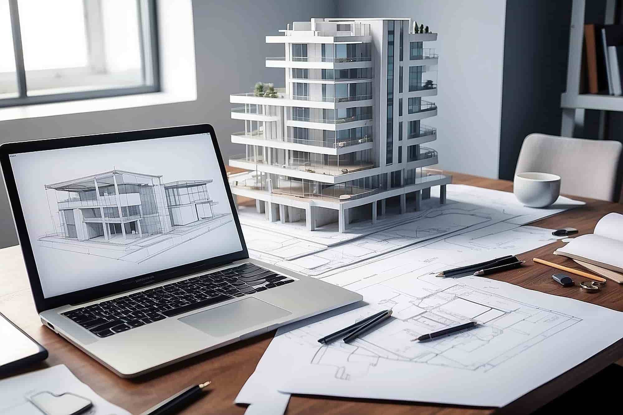 Laptop with a 3D model, building model, and blueprints—illustrating as-built drawings for engineering projects and accurate documentation.