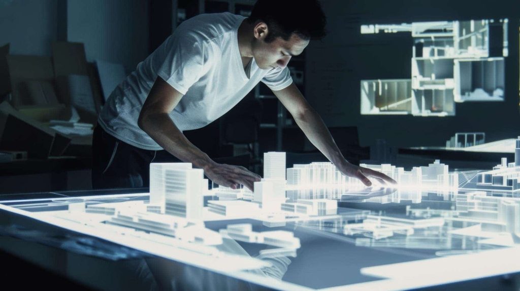 Architect working with a digital 3D city model using advanced 3D scanning technology for architectural planning and design.