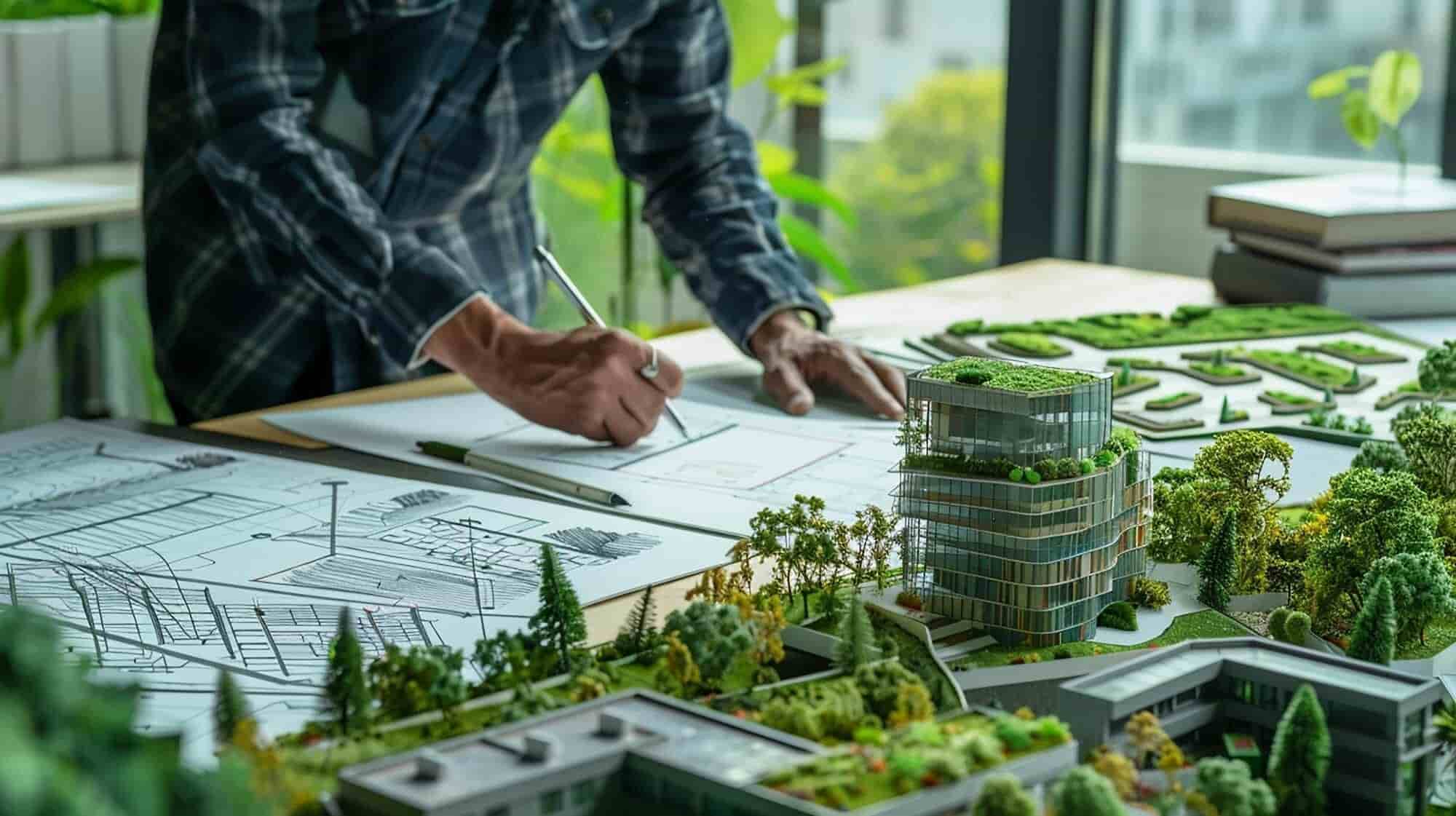 Architekt pracuje nad modelowaniem 3D działki, wykorzystując dokładne pomiary terenu i mapę do celów projektowych 3D.