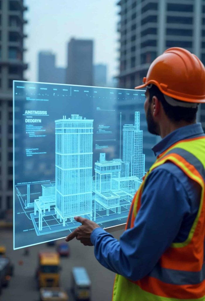 Worker examining a 3D building model, showcasing laser scanning for precise project planning.