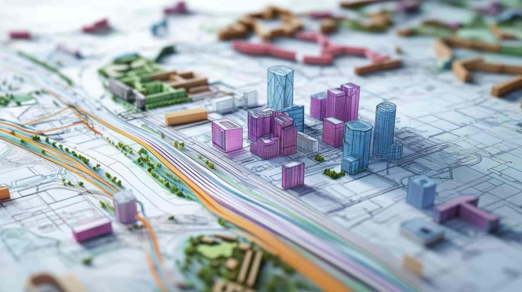 3D visualization of an urban planning model created using LiDAR scanning and BIM technology for smart city development.