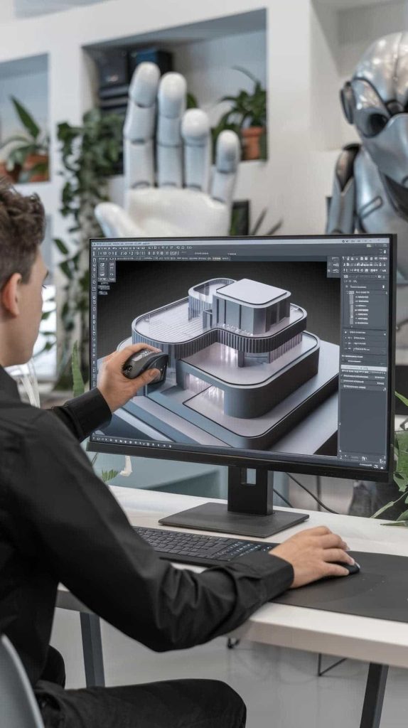 Architect designing a modern building using 3D scanning technology and CAD software for precise building design and renovation.