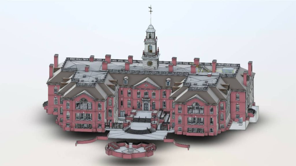 3D model of a historic building created from laser scanning for facade restoration planning.