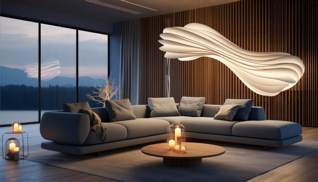 Modern living room with a custom furniture layout and artistic lighting, showcasing accurate data for space planning.