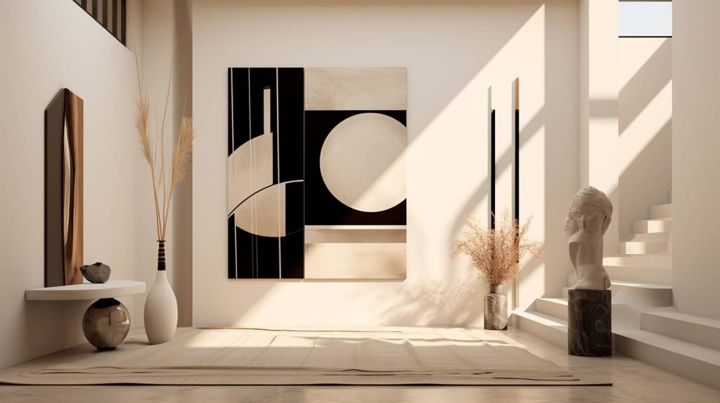 Modern minimalist interior with abstract art and sculptural decor, emphasizing laser scanning for interior design.