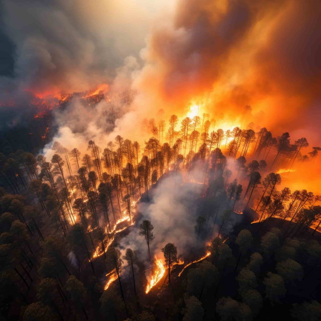 A large forest fire spreading rapidly with intense flames and thick smoke, capturing the destruction of trees and natural landscape.