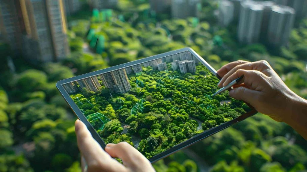 LiDAR technology mapping urban buildings and green spaces on a tablet, showcasing future applications in real estate inspections.