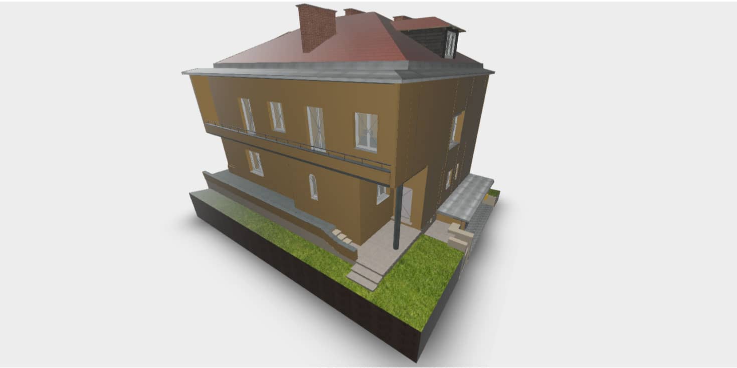 Precyzyjne skanowanie laserowe 3D i model BIM czterokondygnacyjnego domu, dokumentacja powykonawcza dla renowacji i planowania systemów HVAC.