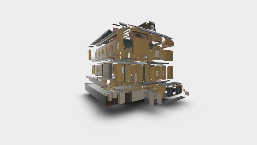 Precyzyjne skanowanie laserowe 3D i model BIM czterokondygnacyjnego domu, dokumentacja powykonawcza dla renowacji i planowania systemów HVAC.