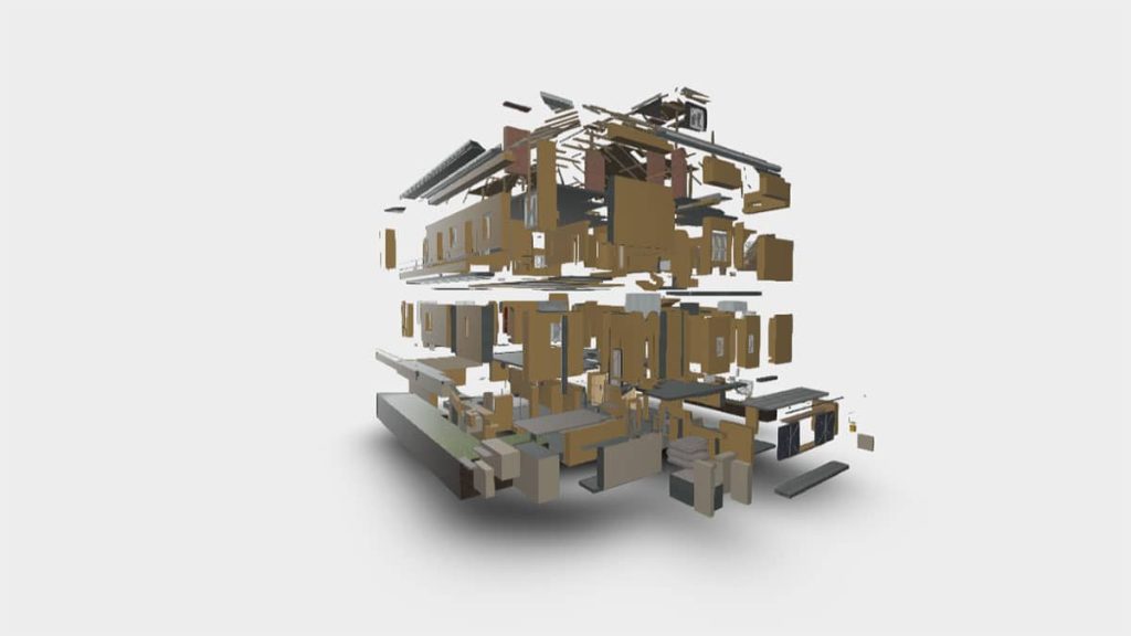 High-precision 3D laser scanning and BIM model of a four-story house, showcasing as-built documentation for renovation and HVAC system planning.