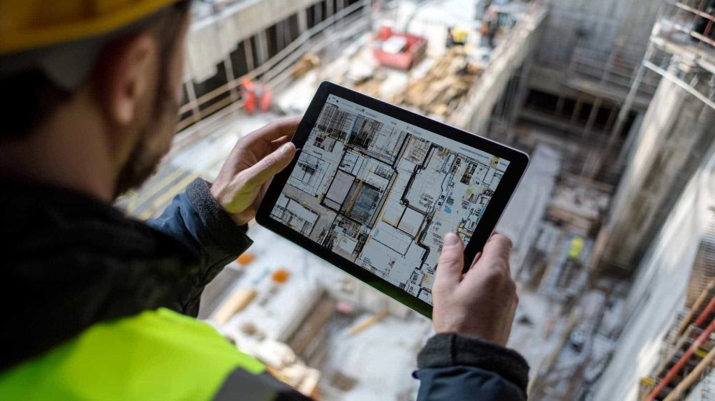 Worker using laser 3D scanning technology on a construction site for advanced building inspections and site analysis.