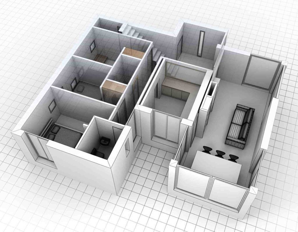 3D floor plan highlighting room layouts and furniture placement using laser scanning.