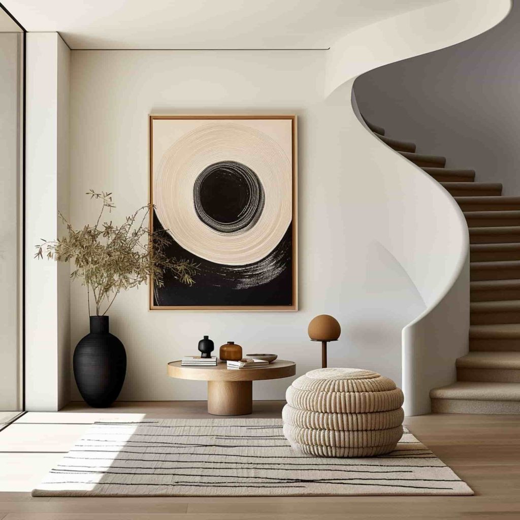 Modern interior design with abstract art and minimalist furniture, emphasizing 3D scanning for interior designers.