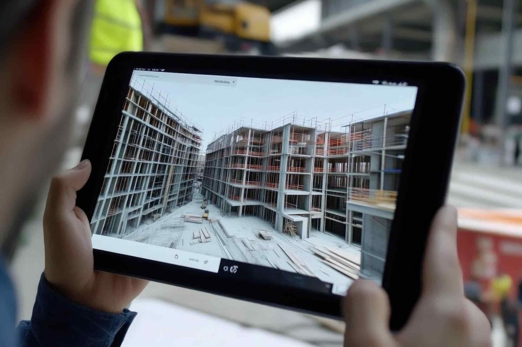 Tablet showing a 3D model of a construction site using laser scanning technology.