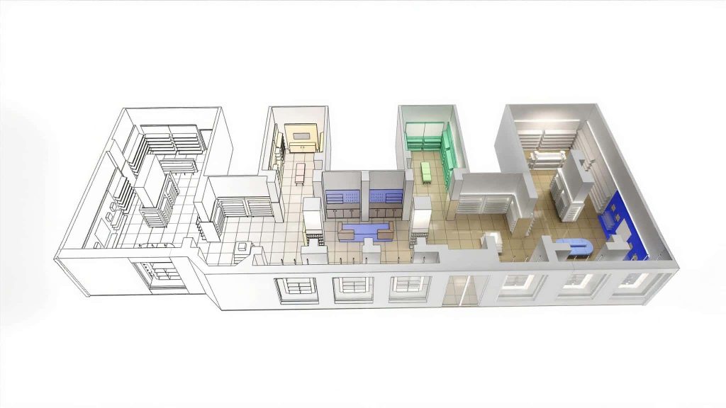 3D As-Built floor plan of a healthcare facility showcasing accurate layouts of medical rooms and equipment for precise documentation and renovation planning.