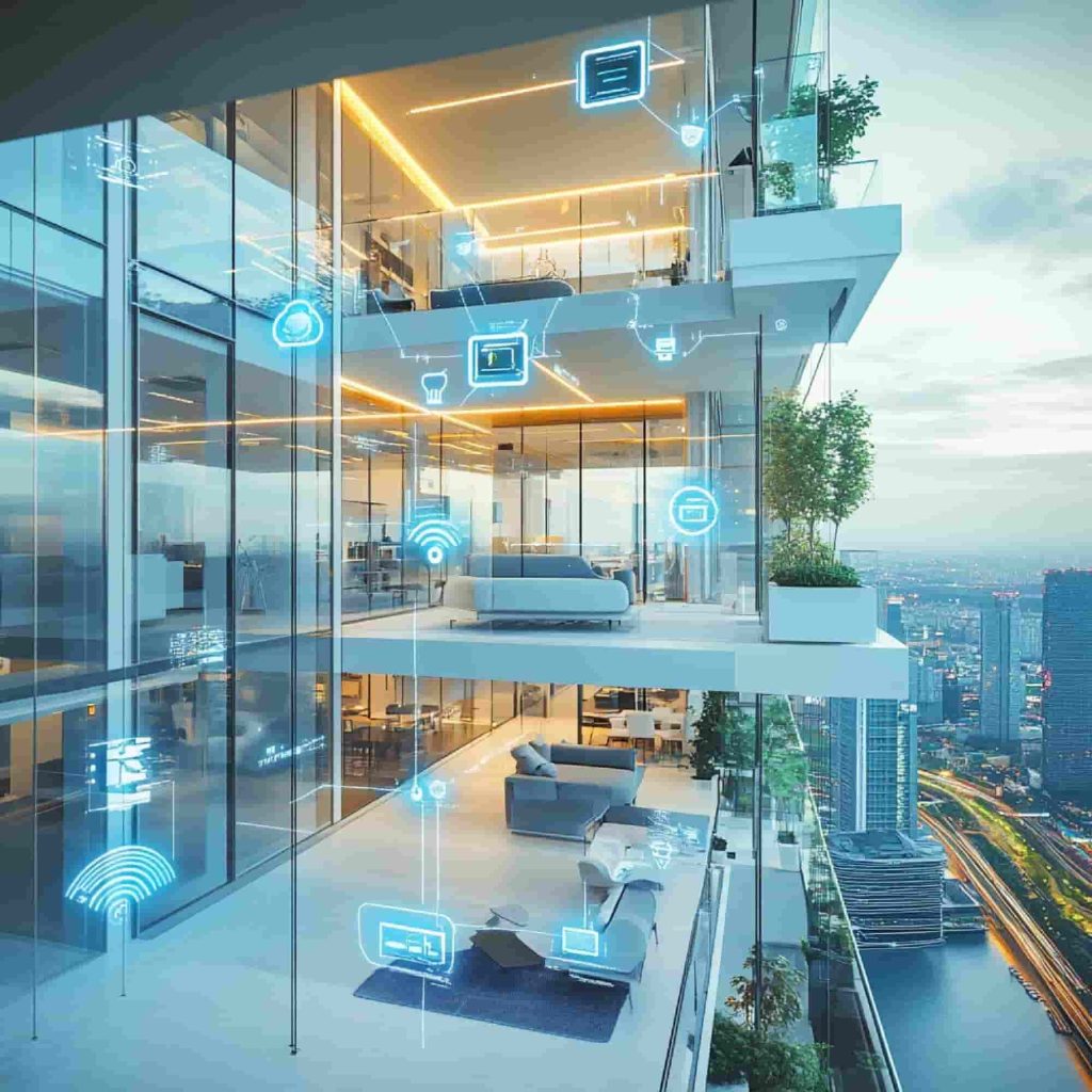 Smart building with IoT and BIM integration for automation and efficiency.